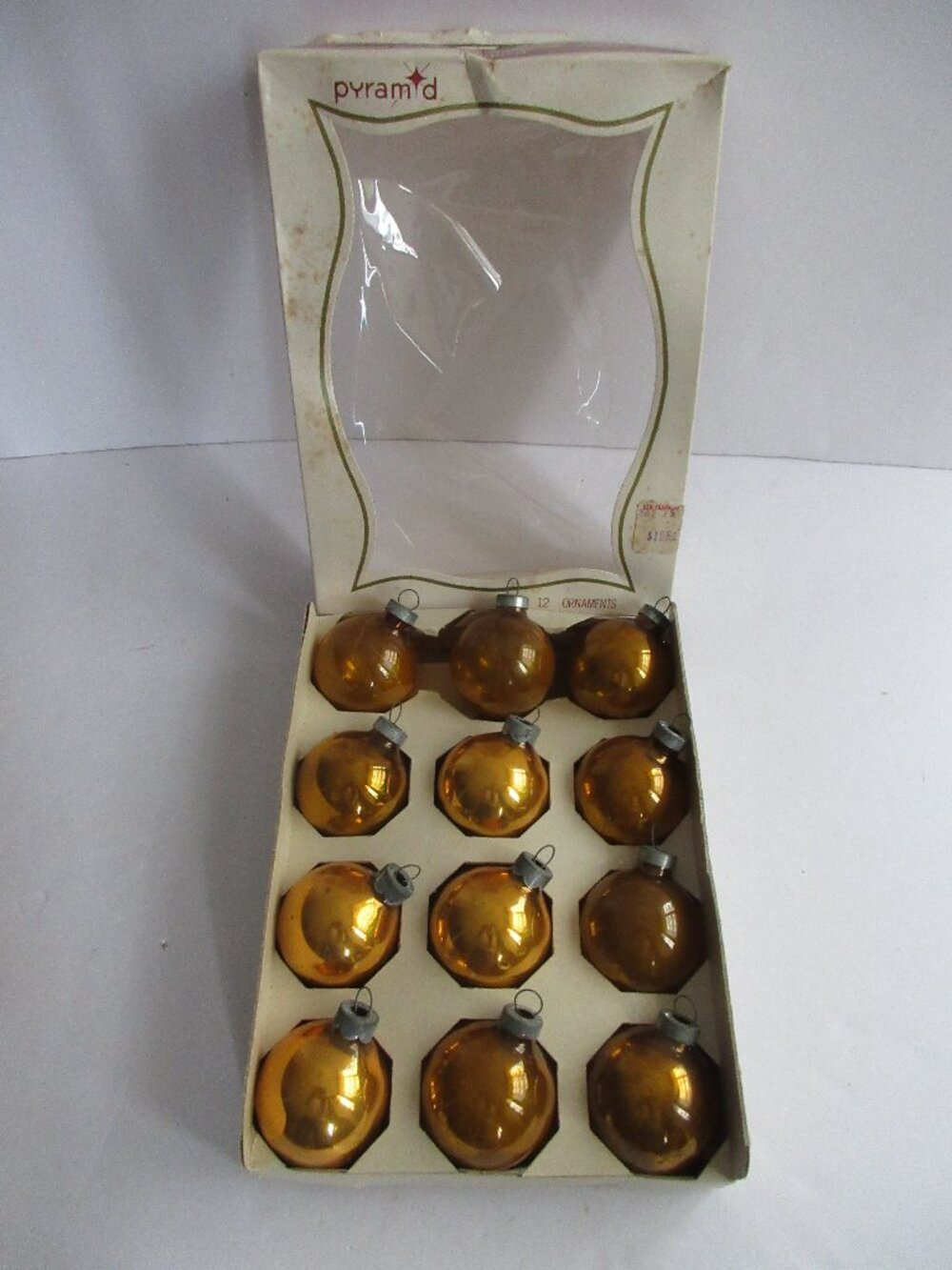 Pyramid Christmas Ornament Set Of 12 Gold In Box 1.75” Size Rauch Ind Vintage